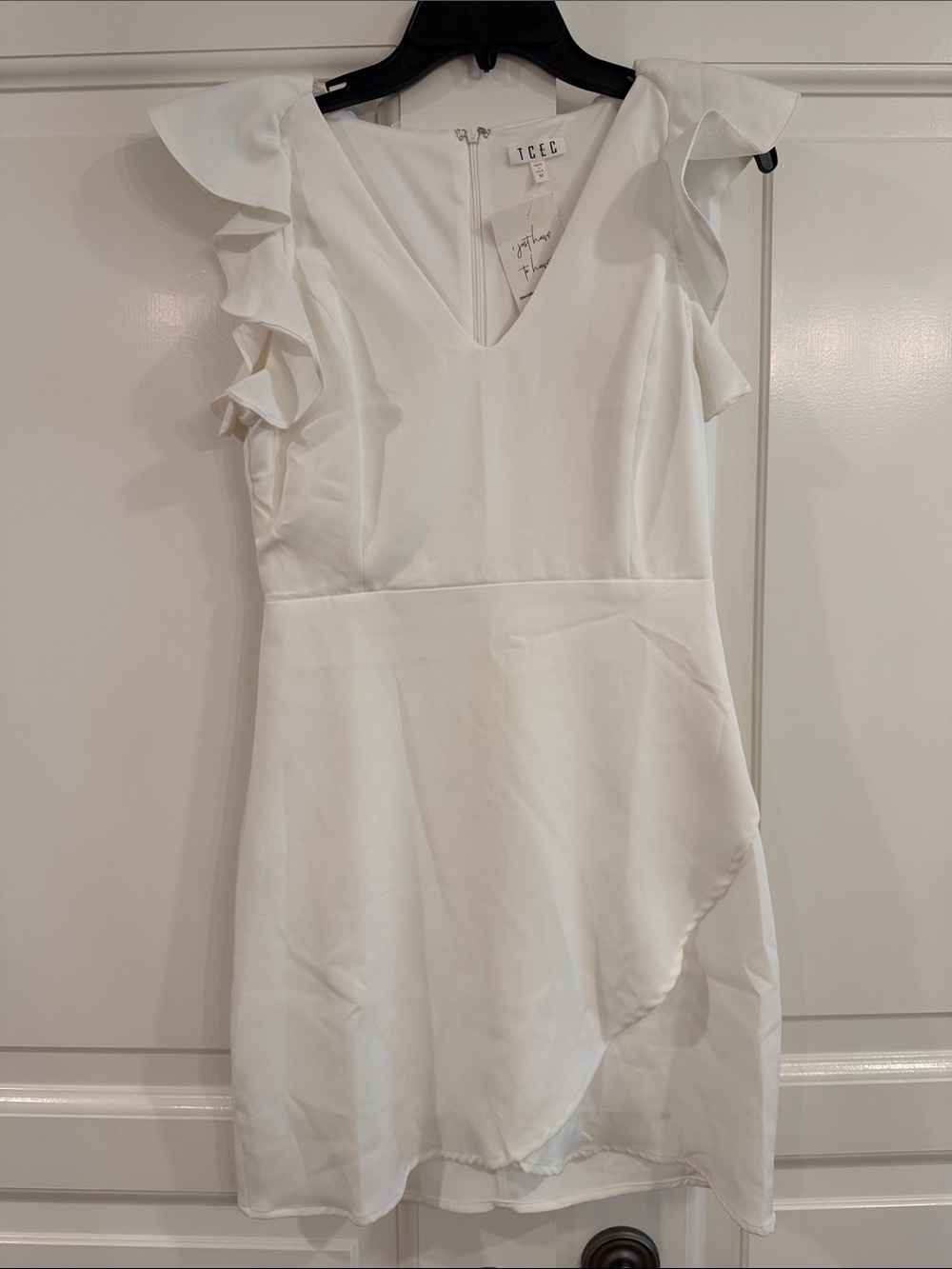 TCEC White V-Neck Ruffle Sleeve Wrap-Overlay Mini Dress